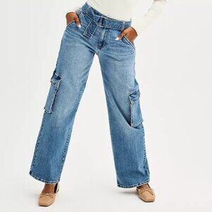 NWT Juniors' SO Belted Wide-Leg Cargo Jeans Medium Blue Size 7 (Juniors)